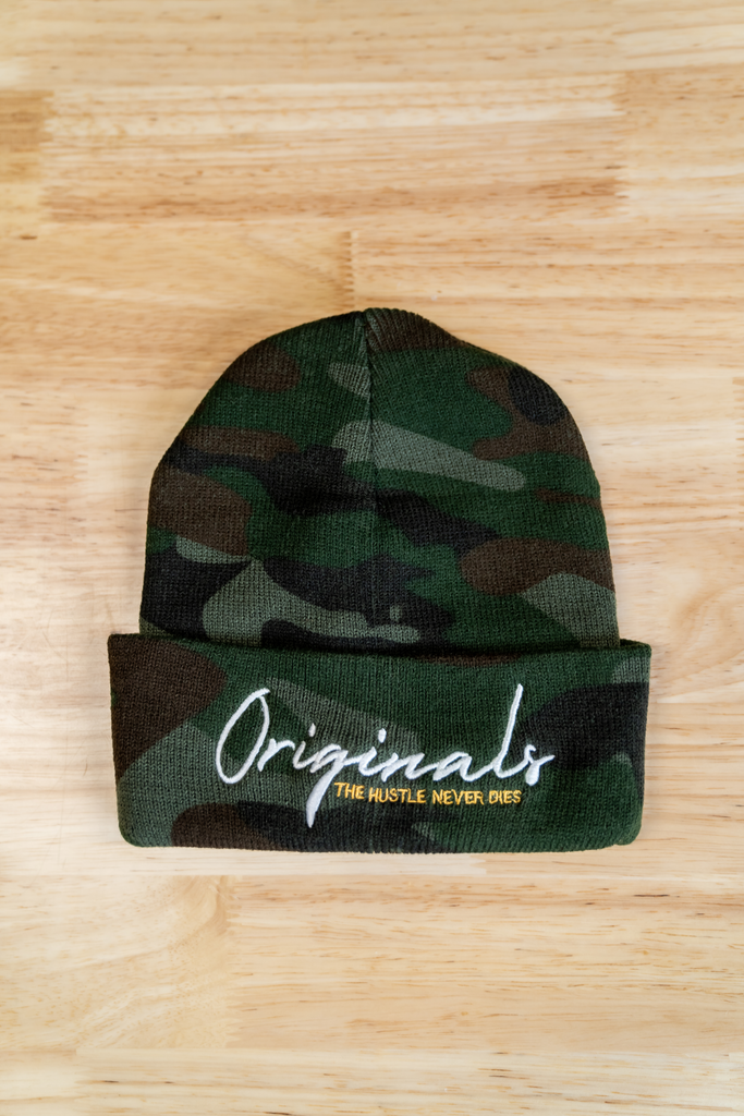 Originals- Beanie-THE HUSTLE NEVER DIES- Very warm hat for the fall and winter seasons. Embroidered Logo and various colours. Camouflage