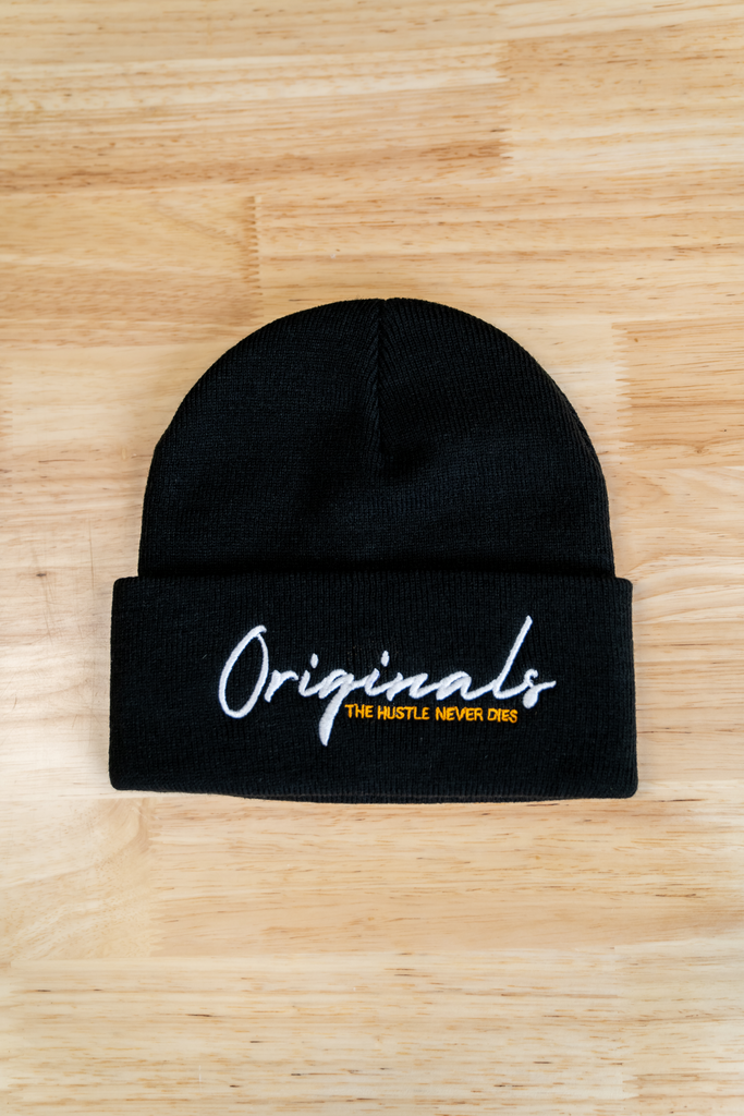 Originals- Beanie-THE HUSTLE NEVER DIES- Very warm hat for the fall and winter seasons. Embroidered Logo and various colours- Black