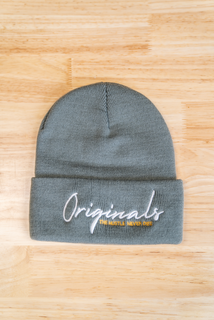 Originals- Beanie-THE HUSTLE NEVER DIES- Very warm hat for the fall and winter seasons. Embroidered Logo and various colours- Grey