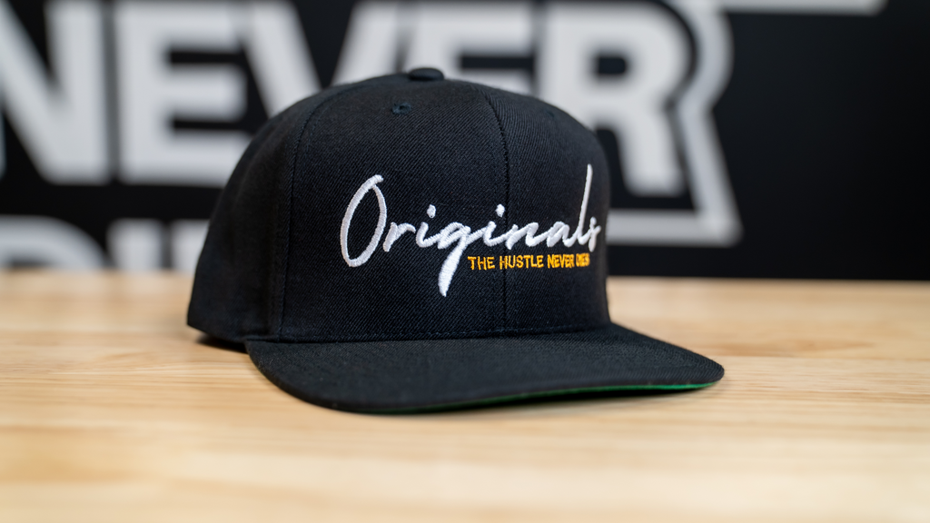 THND "Originals" Snapback - THE HUSTLE NEVER DIES- Black Snapback Baseball Hat with embroidered logo