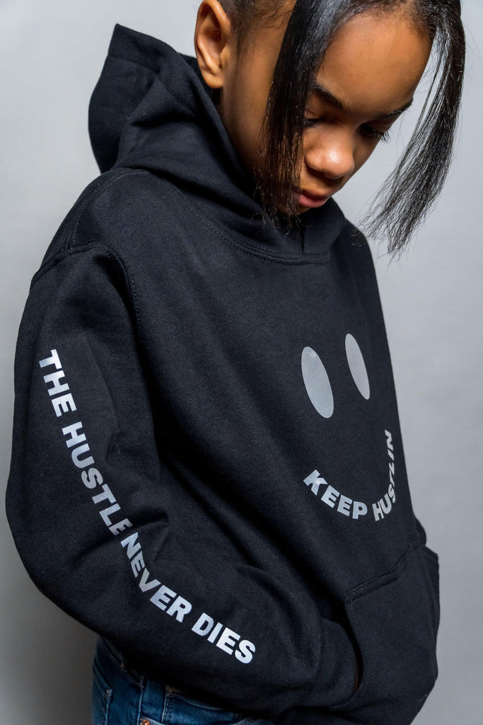 THND "Keep Hustlin" Hoodies - The Hustle Never Dies. For kids/children. Very warm with no drawstrings for safety. Bright colours. Happy face logo-Black
