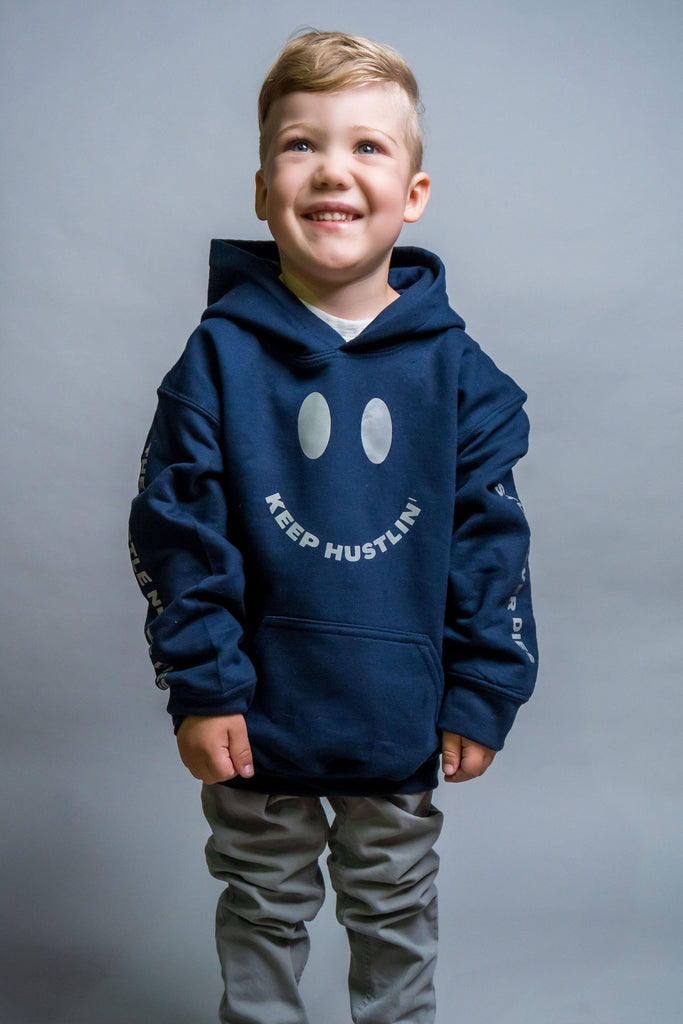 THND "Keep Hustlin" Hoodies - The Hustle Never Dies. For kids/children. Very warm with no drawstrings for safety. Bright colours. Happy face logo-Blue