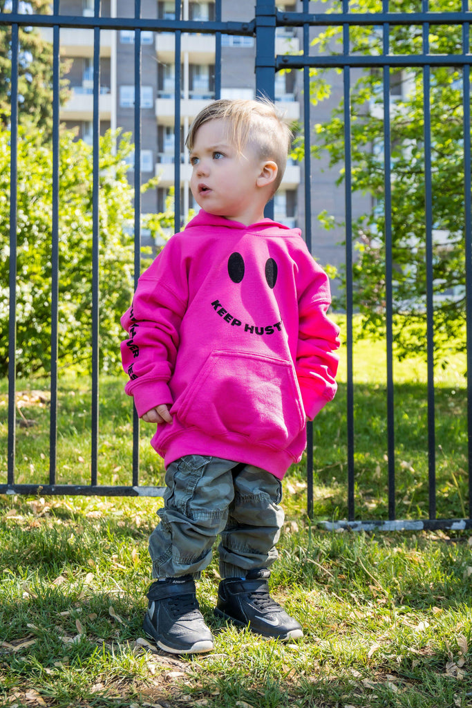 THND "Keep Hustlin" Hoodies - The Hustle Never Dies. For kids/children. Very warm with no drawstrings for safety. Bright colours. Happy face logo-Pink
