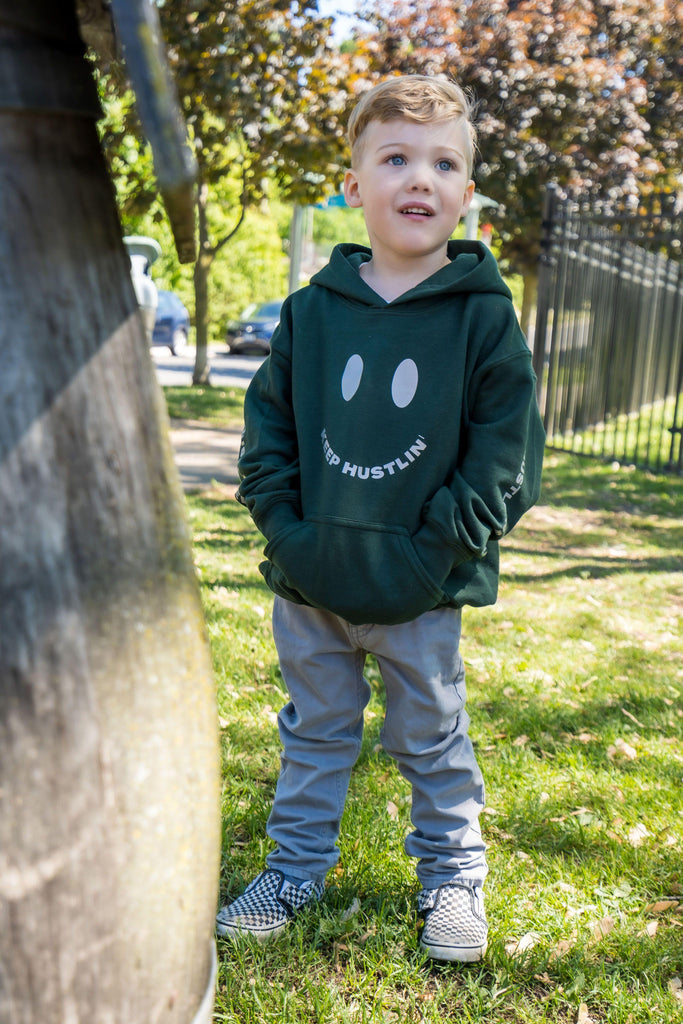THND "Keep Hustlin" Hoodies - The Hustle Never Dies. For kids/children. Very warm with no drawstrings for safety. Bright colours. Happy face logo-Green