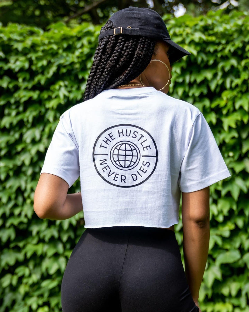 THND Full Circle Crop Top - The Hustle Never Dies-White