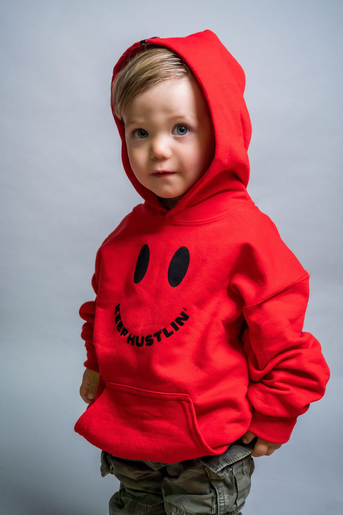THND "Keep Hustlin" Hoodies - The Hustle Never Dies. For kids/children. Very warm with no drawstrings for safety. Bright colours. Happy face logo-Red
