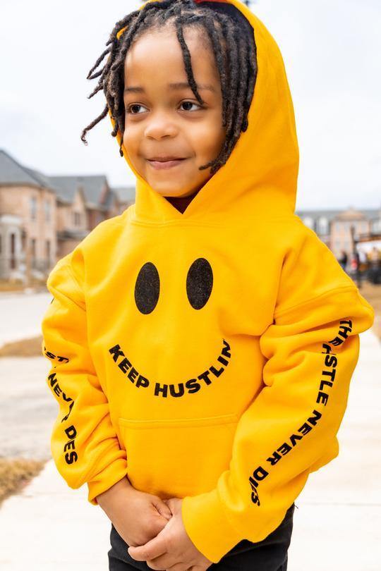THND "Keep Hustlin" Hoodies - The Hustle Never Dies.  For kids/children.  Very warm with no drawstrings for safety. Bright colours. Happy face logo-Yellow